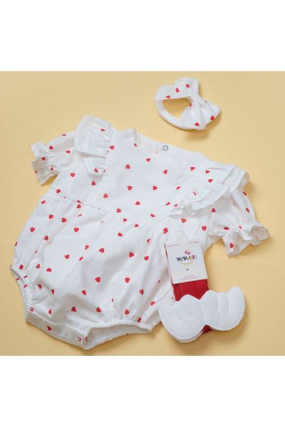 Little Ya Ya Love Red Heart Detailed Romper and Bandana Socks Set for Baby Girl