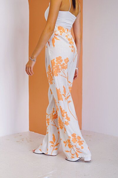 devesta High Waist Orange Floral Patterned Trousers