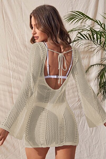 citystyle Γυναικείο φόρεμα παραλίας με φαρδύ γιακά με μακρυμάνικο πλάτη με ανοιχτό βιζόν