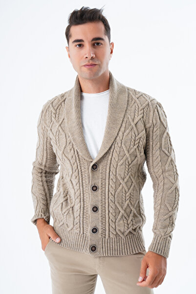 Trist Star Men's Mink Color SHawl Collar Knitwear CarDigan - Hair BraiDeD, ButtoneD TRIST-5341