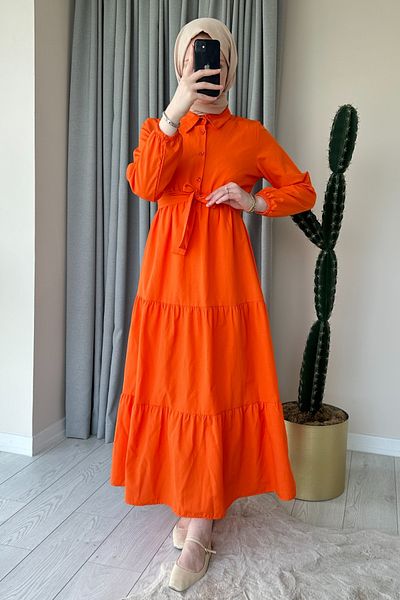 ModaAycan mA111 - Orange Half Button Collar Dress