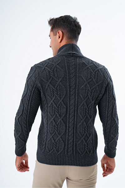 Trist Star Men's AntHracite SHawl Collar Execution Knitwear CarDigan - Hair BraiDeD, ButtoneD TRIST-5341