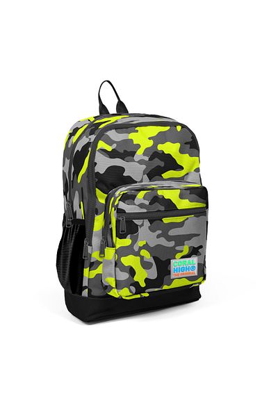 Coral Black Gray Camouflage Patterned 4 Compartment School Backpack - 23117