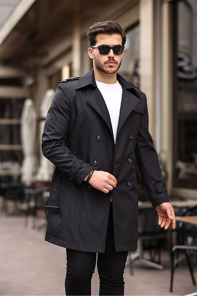 MEECY Schwarzer Trenchcoat für Herren – mit Gürtel, wasser- und winddicht, Übermantel
