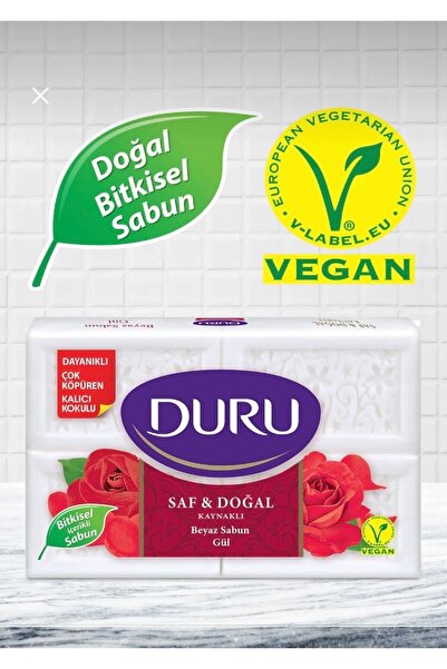 Duru saf ve doğal kaynaklı bitkisel içerikli kalıcı kokulu beyaz sabun gül 4x200 gr