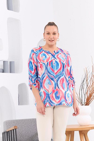 RMG Plus Size Patterned Voile Viscose Blue Blouse - Sleeve Epaulettes