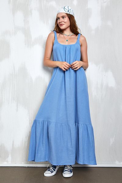 minaaise Rochie lungă de muselină indigo cu bretele - 27361