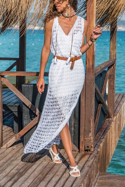 citystyle Λευκό Πλεκτό Φόρεμα με διπλό στήθος V λαιμόκοψη - Διάτρητο