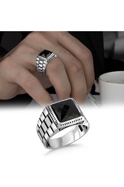 Argento Silver Faset Kesim Siyah Zirkon Taşlı 925 Ayar Gümüş Erkek Yüzük
