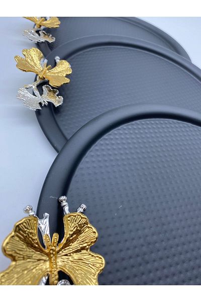 Fiyakalı Ürünler Atölyesi Round Black Butterfly Tea and Coffee Presentation Tray - 22cm, Single