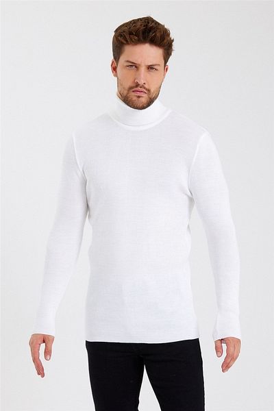 Tarz Cool Men's White Full Fisherman Knitwear-ttrzz1406r07s