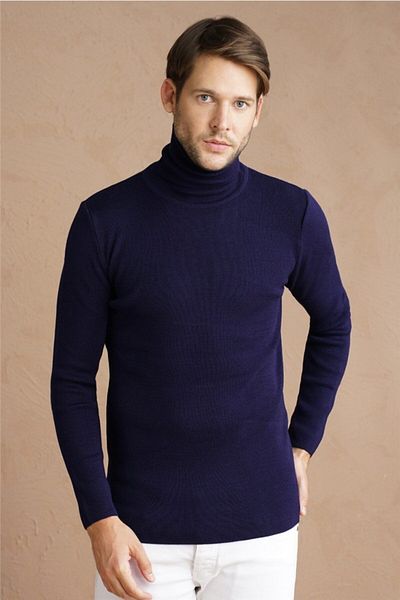 Tarz Cool Ανδρικό πουλόβερ με μονόχρωμο ζιβάγκο Navy Blue-trz1406r09s