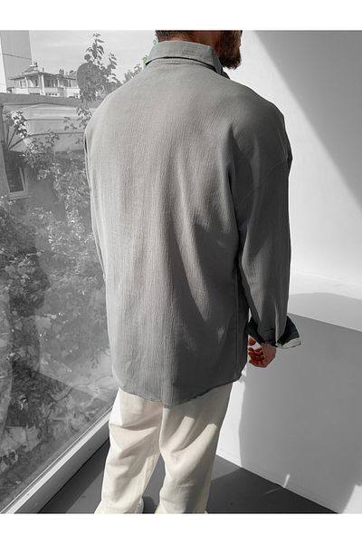 NO1 KONSEPT Oversize Gray Linen Shirt - Crinkle Design