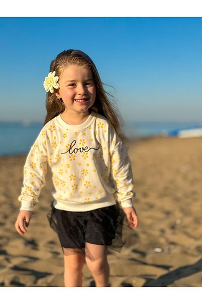 GÖKJOY BUTİK Premium Quality - Girl's Sweat Dress with Floral Print and Love Embroidery