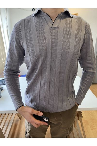 Tarz Cool Smoked Men's Thick Striped Polo Collar Knitwear T-Shirt