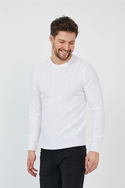 Tarz Cool White Men's Round Collar Knitted Sweater-trz21722r01s