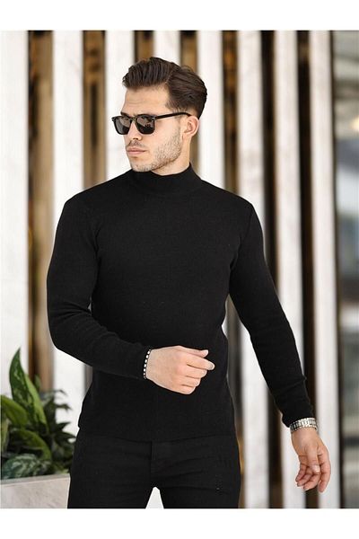 Tarz Cool Черен мъжки тънък трикотажен пуловер Half Fisherman Corduroy-TRZ19158R01S