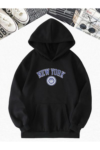 BENROMA Черен суитшърт с качулка и щампа New York Oversize