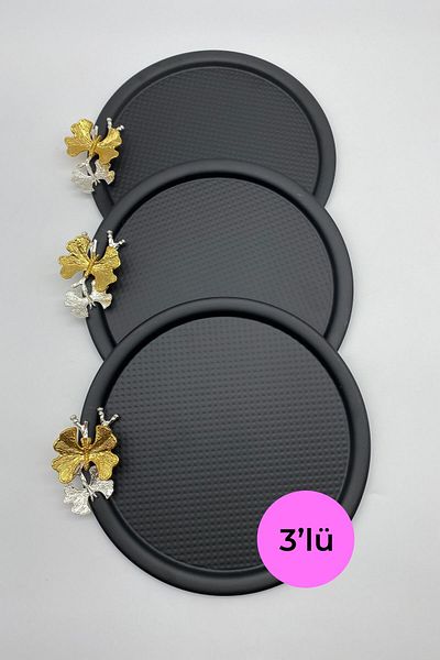 Fiyakalı Ürünler Atölyesi Round Black Butterfly Tea and Coffee Presentation Tray - 22cm, Single