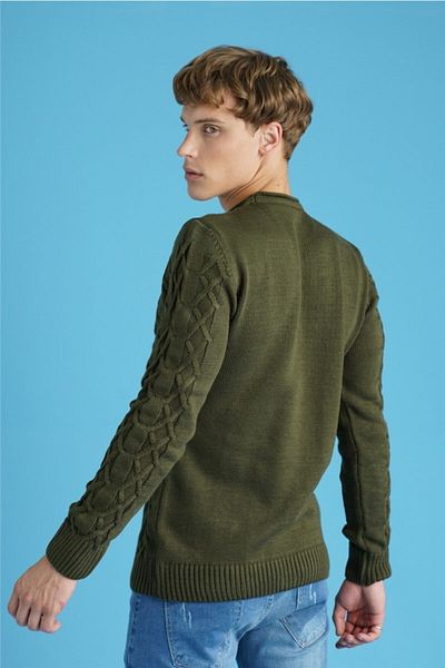 Tarz Cool Men's Khaki Basket Knit Crew Neck Knitwear Sweater-trz1554r02s
