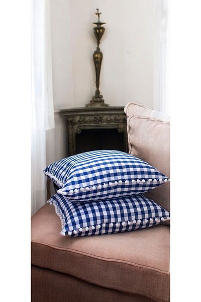 Erba kreasyon 100% BUMBAC - Husă de pernă cu pompon cu model Gingham