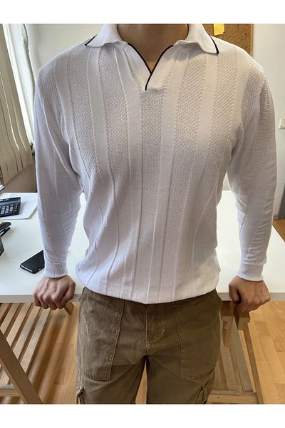 Tarz Cool White Men's Thick Stripe Polo Collar Knitwear T-Shirt