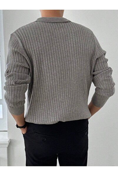 Tarz Cool Koyu Gri Erkek Polo Yaka Fitilli Triko Kazak