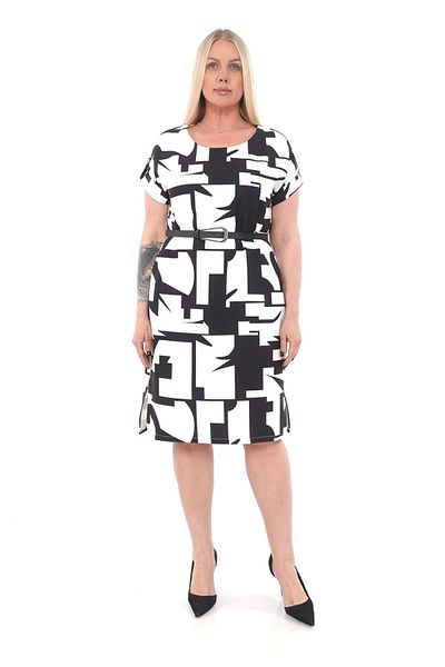 etselements X MODAPO Plus Size Midi φόρεμα - με σχισμή, ζώνη και ασπρόμαυρο σχέδιο