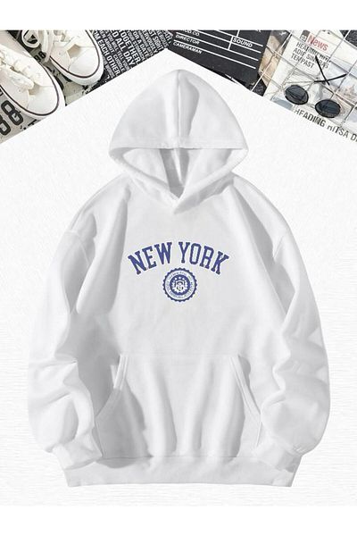 BENROMA Бял суитшърт с качулка и щампа New York Oversize