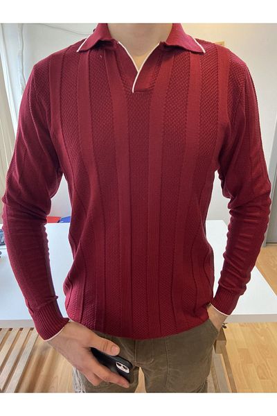 Tarz Cool Claret Red Ανδρικό πλεκτό μπλουζάκι πόλο με χοντρή ρίγα