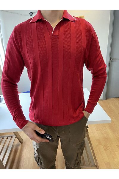 Tarz Cool Red Men's Thick Striped Polo Collar Knitwear T-Shirt