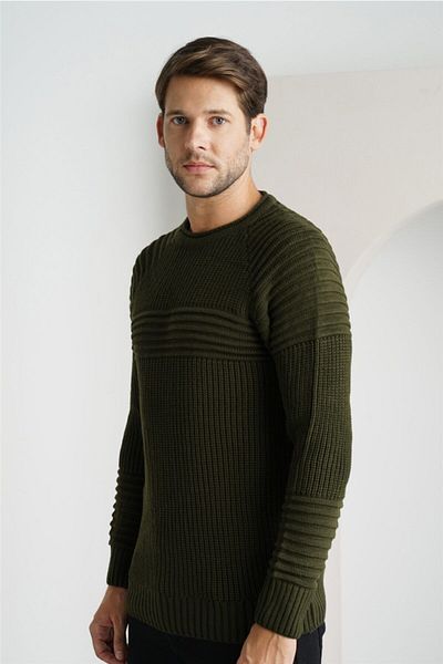 Tarz Cool Men's Khaki Ribbed Crew Neck Knitwear Sweater trzcm28888r12s