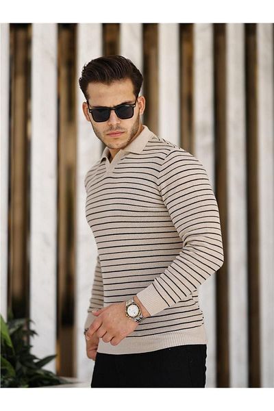Tarz Cool Ανδρικό πλεκτό πουλόβερ με λαιμόκοψη πόλο με λεπτή εφαρμογή Mink-TRZ19132R03S