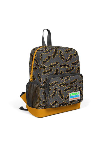 Coral Dark Gray and MuStard Color Bat Patterned Two-compartment School Backpack for Children - 23621