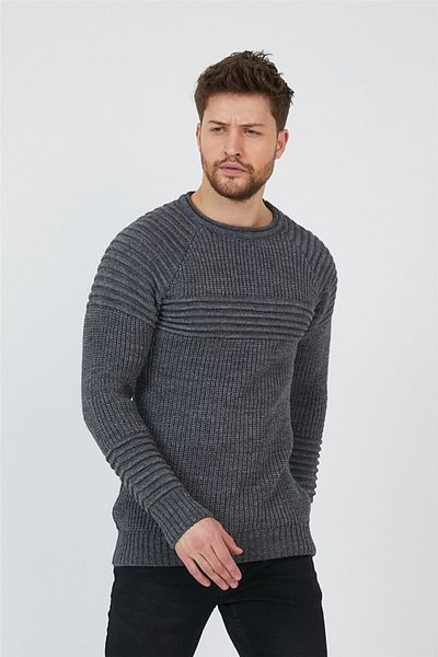 Tarz Cool Anthracite Men's Ribbed Crew Neck Knitwear Sweater-trzcm28888r50s
