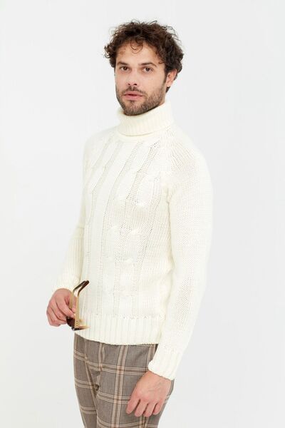 Tarz Cool White Patterned Thick Fisherman Knitwear Sweater -trzcm3418r04