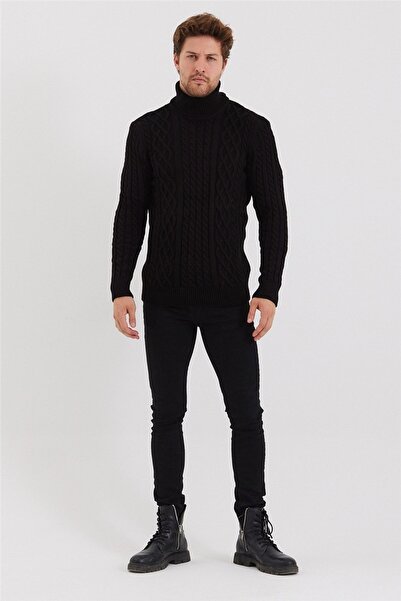 Tarz Cool Ανδρικό πουλόβερ με μαύρα πλεκτά σχέδια-trz8152r05s