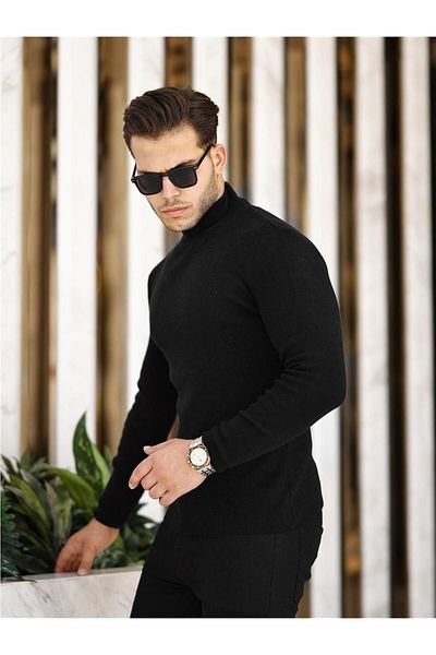 Tarz Cool Черен мъжки тънък трикотажен пуловер Half Fisherman Corduroy-TRZ19158R01S