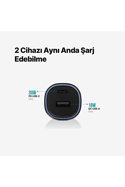 Ttec Şarj Akım Korumalı 48W USB-C+USB Girişli Araç Çakmaklık Şarjı Tüm Araçlarla Uyumlu Araç Şarj