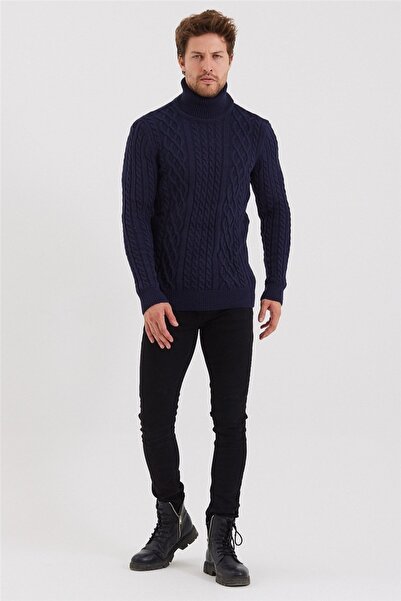 Tarz Cool Чоловічий синій светр з візерунком з в'язки - trz8152r03s
