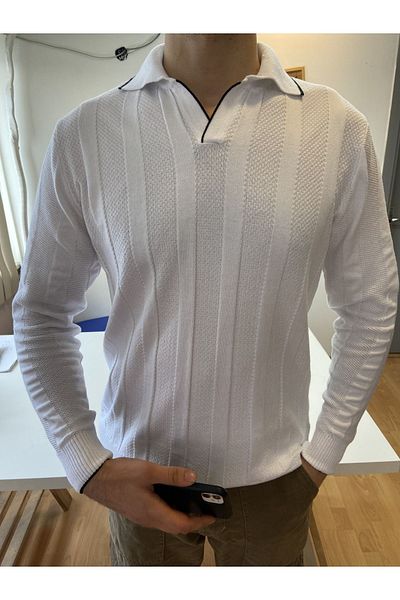 Tarz Cool White Men's Thick Stripe Polo Collar Knitwear T-Shirt