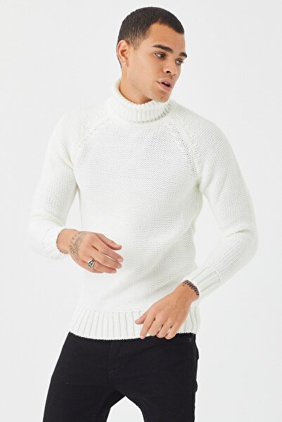 Tarz Cool Men's White Thick Turtleneck Sweater