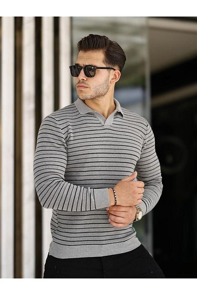Tarz Cool Gray Men's Slim Fit Polo Neck Patchwork Knitwear Sweater-TRZ19132R02S