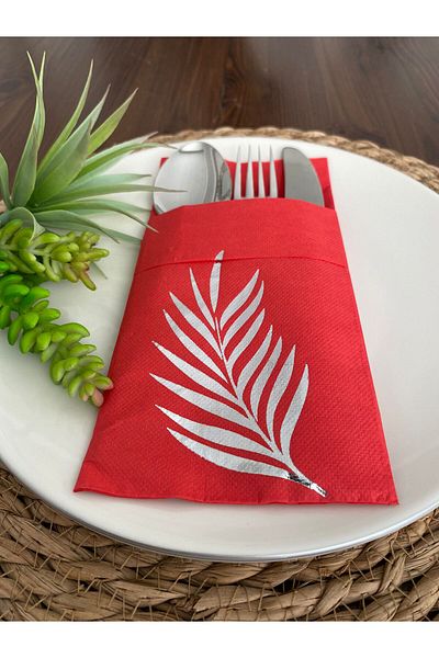 kidspartim 40x40 Red Silver Gilded Leaf PocKet NapKin - Set of 12