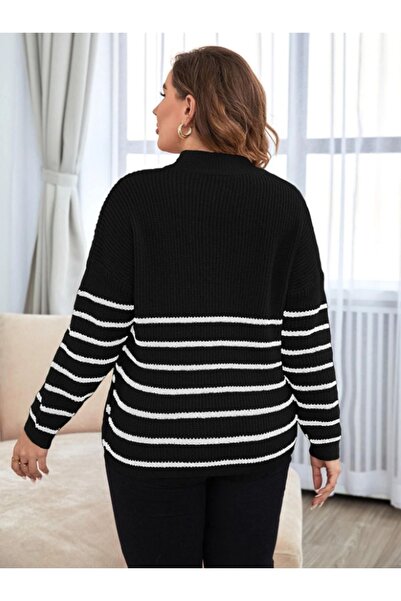 Tarz Cool Black-White Women's Oversize Zippered Fishing Knitwear Sweater