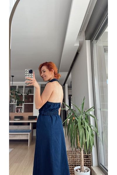 bonnline Rochie dublu piept din Gabardină de in bleumarin - Spate decoltat lavabil