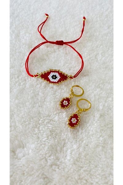 elamindunyasi Red Eye Miyuki Knitted Bracelet and Earring Set