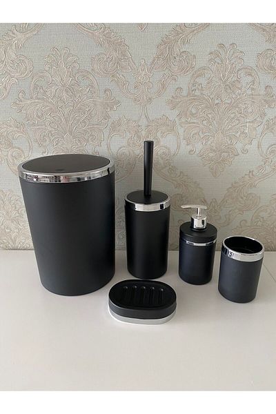 Trend Banyo Mutfak 5-Piece Black Silver Mat Bathroom Set - Wc Brush Holder, Liquid - Solid Soap Dispenser, Trash Can, Toothbrush Holder