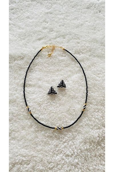 elamindunyasi Black Afghan Bead and Miyuki Knitted Figure Necklace and Miyuki Knitted Earrings Set