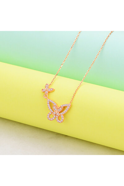 BARIŞ TAKI 925 Ayar Gümüş Pırlanta Taşlı Kelebekli İnci Kolye
